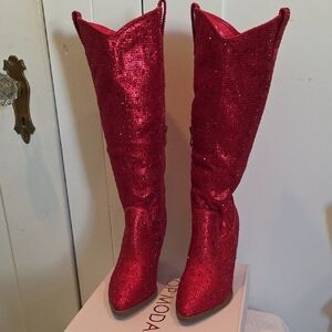 TOP Moda Red Heeled Boots with Sparkling glitter Finish - NWT